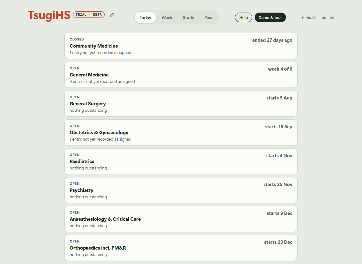 The Today screen listing postings by state, with the current posting marked open