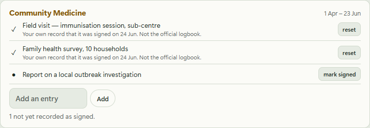 Logbook entries showing to do, done and signed states